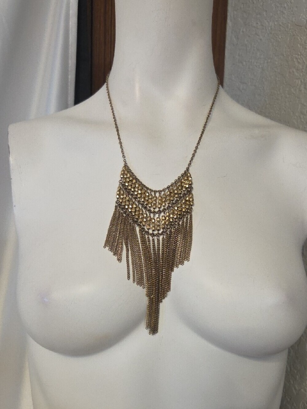Antique Gold Tiered Faceted Bead Multi Chain Dangle Necklace.